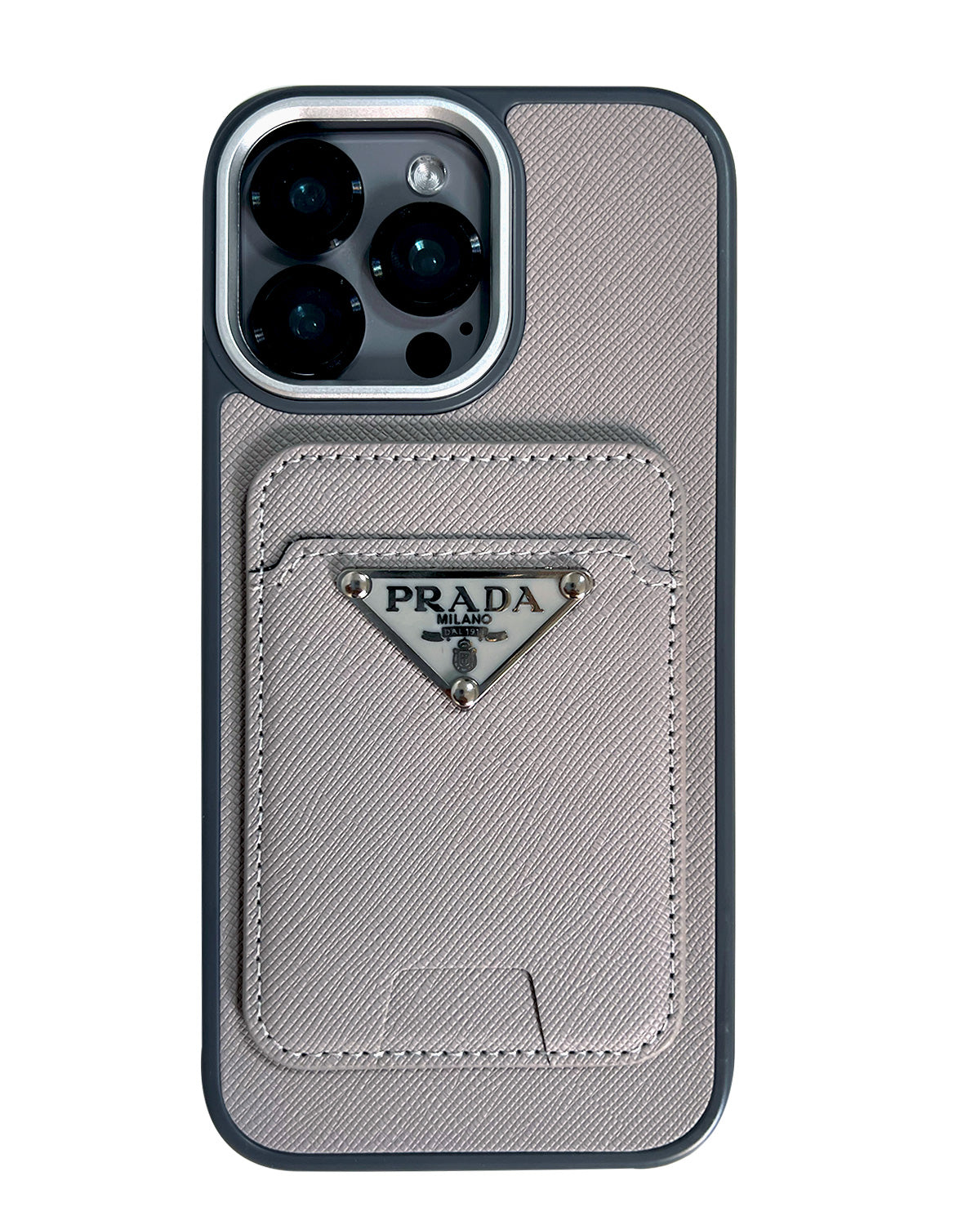 Prada Luxury Leather Case with MagSafe Wallet for iPhone 16 Pro Max - Grey