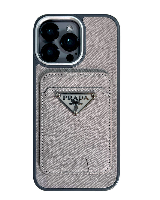 Prada Luxury Leather Case with MagSafe Wallet for iPhone 16 Pro Max - Grey