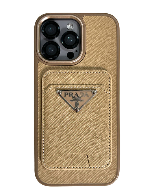 Prada Luxury Leather Case with MagSafe Wallet for iPhone 16 Pro Max - Gold