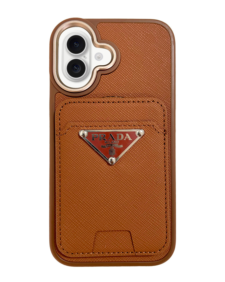 Brown Prada luxury leather case with MagSafe for iPhone 16, featuring sleek design and premium craftsmanship.