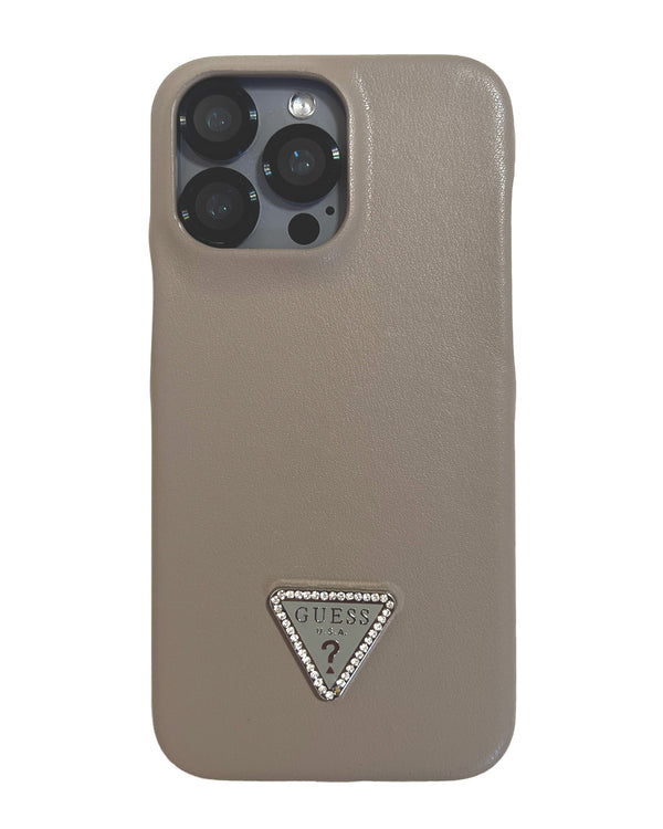 Grey leather iPhone 15 Pro Max case by Guess, slim and protective TecHub phone cover with textured finish.
