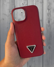 TecHub Guess leather back cover case for iPhone 15 in maroon, showing the stylish leather exterior and precise cutouts.
