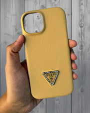 TecHub Guess leather back cover case for iPhone 14 and 13 in gold, featuring a sleek leather finish and precise cutouts.