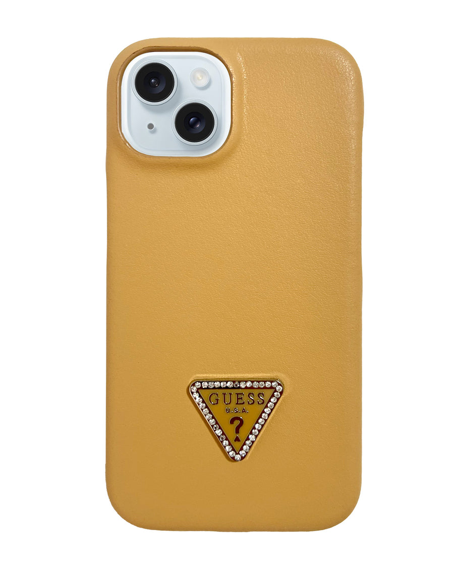 TecHub Guess leather back cover case for iPhone 14/13 in gold, showcasing sleek, textured leather design and precise cutouts.
