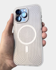 Soft striped corrugated TecHub MagSafe case for iPhone 14 Pro Max, showing the textured, colorful design on the phone.