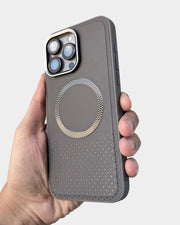 TecHub leather and textured MagSafe case for iPhone 15 Pro Max, showcasing the stylish, durable design with magnetic alignment.