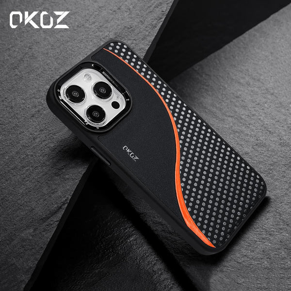Luxury premium iPhone 15 Pro Max case by OKOZ with sleek design and durable material, shown on a white background.