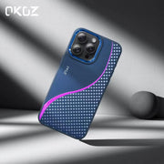 Luxury premium iPhone 15 Pro Max case by OKOZ, featuring sleek design and durable protection for Apple smartphone.