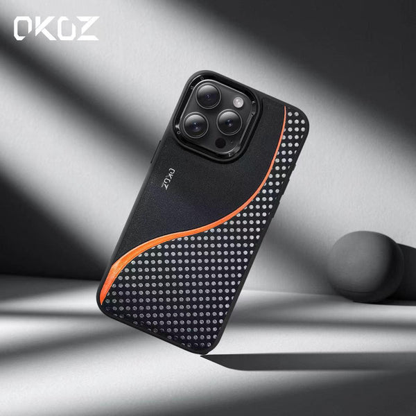 Luxury OKOZ premium iPhone 15 Pro Max case, sleek protective phone cover in black with subtle branding and smooth finish.