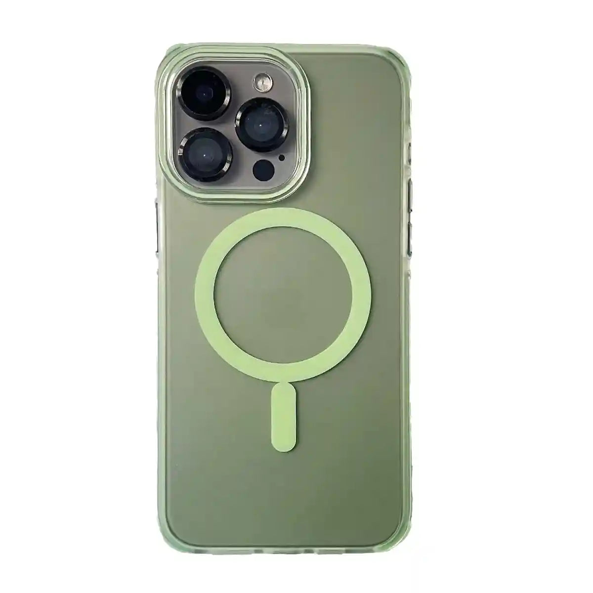 Green TecHub luxury MagSafe TPU bumper case for iPhone 15 series, showcasing a sleek brushed finish and precise cutouts.