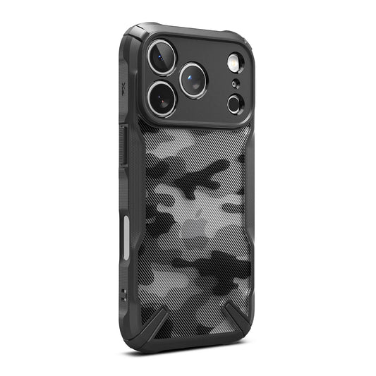 TecHub Ringke Fusion-X slim protective TPU case for iPhone 17/18 Pro Max in Camo Black, showing the rugged design and camouflage pattern.