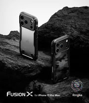 TecHub Ringke Fusion-X slim TPU case for iPhone 17/18 Pro Max in Camo Black with protective design and rugged black camo pattern.
