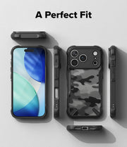 Ringke Fusion-X protective TPU case for iPhone 17/18 Pro Max in camo black, showcasing slim design and rugged durability.