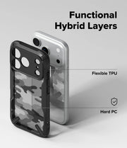 Ringke Fusion-X slim protective TPU case for iPhone 17/18 Pro Max in camo black, featuring rugged design and durable material.