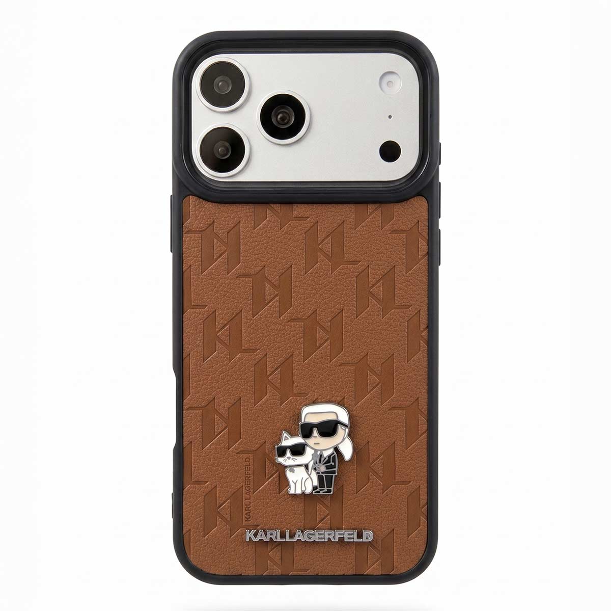 Karl Lagerfeld leather unisex iPhone 17 Pro Max case by TecHub, showing sleek black leather exterior with subtle branding.