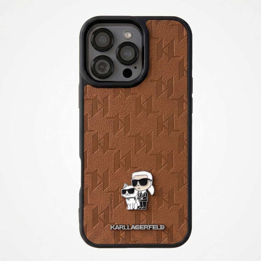 Karl Lagerfeld leather unisex iPhone 16 Pro Max case with sleek design and brand logo, offering stylish protection for your phone.