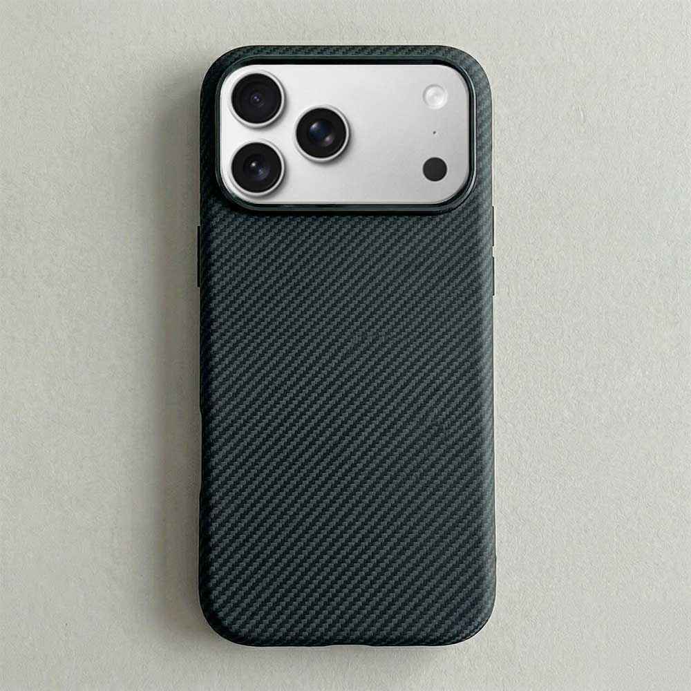 FD Carbon Fiber Textured Metal Camera Frame Shockproof Hard Magnetic Case for iPhone 17 Pro Max - Black