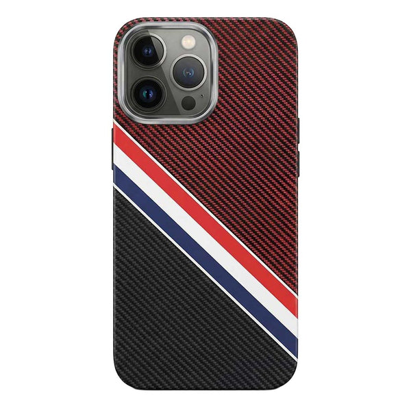 TecHub FreeAir matte MagSafe case for iPhone 15 Pro Max features a black and red carbon fiber design with precise cutouts and a slim profile.