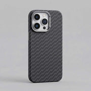 TecHub FreeAir MagSafe iPhone 14 Pro Max case with grey carbon fiber design and stripe pattern, providing sleek protection.