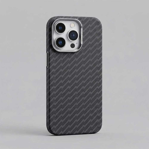 TecHub FreeAir MagSafe iPhone 14 Pro Max case with grey carbon fiber design and stripe pattern, providing sleek protection.