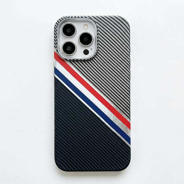TecHub FreeAir MagSafe iPhone 14 Pro Max case with black carbon fiber design and stripe pattern, provides sleek protection.
