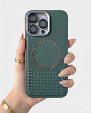 TecHub leather and textured MagSafe case for iPhone 15 Pro Max, showing the stylish design and precise cutouts.