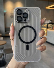 TecHub soft striped corrugated MagSafe case for iPhone 14 Pro Max showing textured design and precise camera cutout.