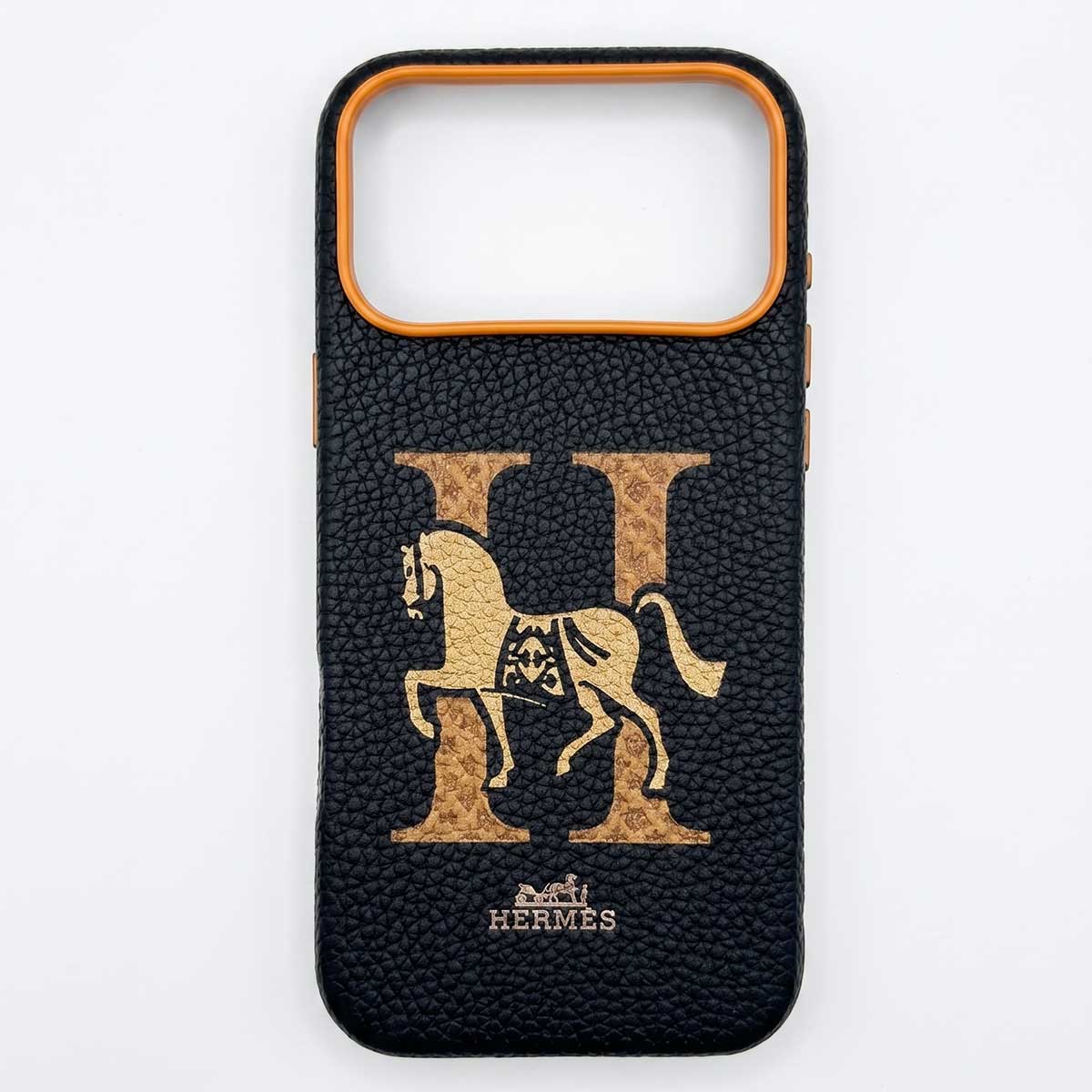 Hermes leather PU pebble printed embroidered MagSafe case for iPhone 17 Pro Max, black, designed by TecHub.
