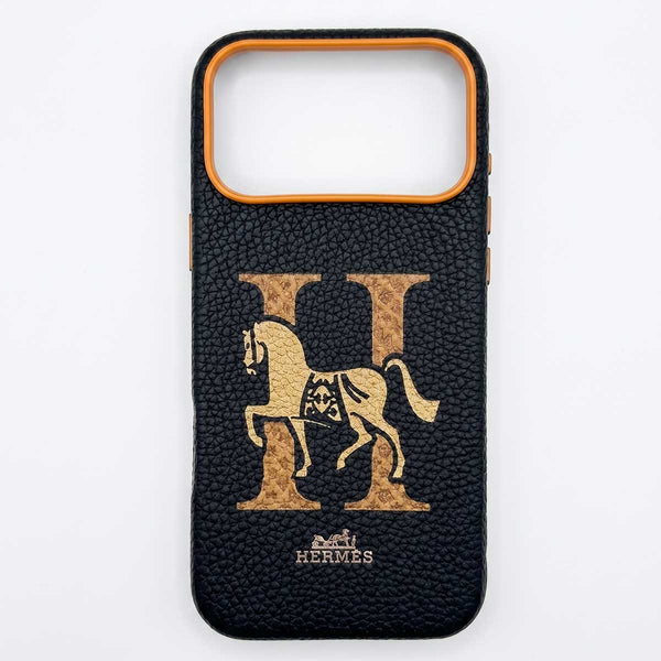 Hermes Leather PU Pebble Printed Embroidered MagSafe Case for iPhone 17 Pro Max - Black