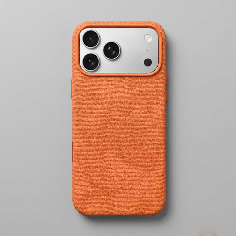 TecHub Lanex Premium leather texture MagSafe case for iPhone 17 Pro Max in orange with sleek leather finish and precise cutouts.
