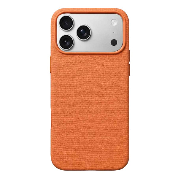 TecHub Lanex premium leather texture MagSafe case for iPhone 17 Pro Max in orange with precise cutouts and textured finish.