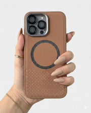 TecHub leather and textured MagSafe case for iPhone 15 Pro Max, showing the stylish brown case with textured surface and precise cutouts.