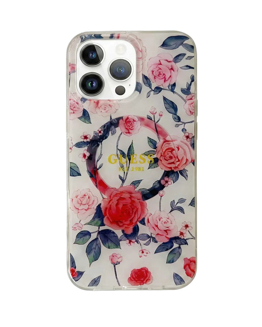 GUESS IML Flower MagSafe case for iPhone 16 Pro Max by TecHub, featuring a floral design and magnetic attachment for easy use.