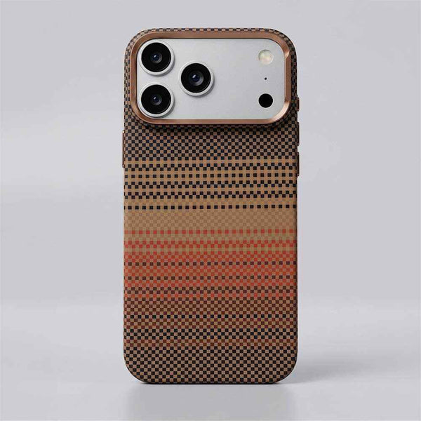 FD Carbon Fiber Textured Metal Camera Frame Shockproof Hard Magnetic Case for iPhone 17 Pro Max - Brown/Beige