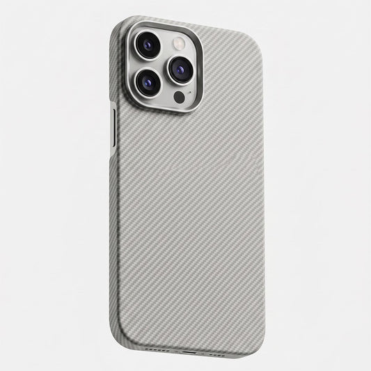 TecHub Pitakuka ultra-slim woven case for iPhone 16 Pro Max in light grey, showing textured woven design and precise cutouts.