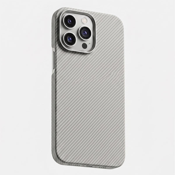 TecHub Pitakuka ultra-slim woven case for iPhone 16 Pro Max in light grey, showing textured woven design and precise cutouts.
