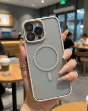 Grey Tadamall Premium Clear MagSafe case for iPhone 16 Pro Max showing the transparent design and MagSafe ring on the back.