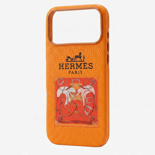 Hermes Leather PU Pebble Printed Embroidered MagSafe Case for iPhone 17 Pro Max - Orange