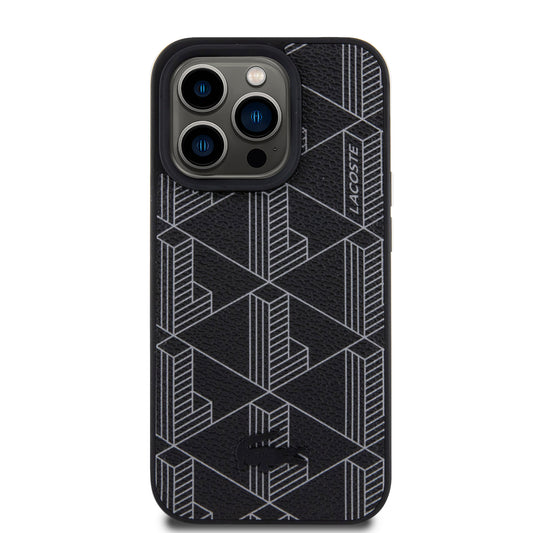 Black Lacoste Hard PC leather case for iPhone 14 Pro Max by TecHub, showcasing sleek design and precise cutouts for device protection.