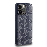Blue Lacoste hard PC leather case for iPhone 16 Pro Max, featuring the Lacoste monogram design and MagSafe compatibility.