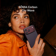 Momax Sōma Carbon City Wave Aramid magnetic iPhone 17/18 Pro Max case by TecHub, featuring a sleek carbon fiber design and magnetic closure.