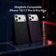 Momax Sōma Carbon City Wave Aramid magnetic iPhone 17/18 Pro Max case with textured carbon design and secure magnetic closure.