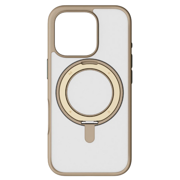 Momax CaseForm reinforced MagSafe case in titanium gold for iPhone 16 Pro Max, showing the sleek, durable design with magnetic alignment.