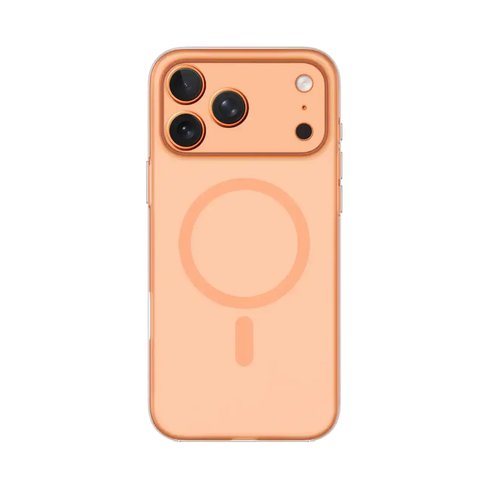 Transparent orange TecHub MOMAX CaseFORM Lite magnetic case for iPhone 17 Pro Max, showing the slim design and magnetic edges.