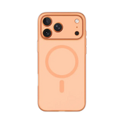 Transparent orange TecHub MOMAX CaseFORM Lite magnetic case for iPhone 17 Pro Max, showing the slim design and magnetic edges.