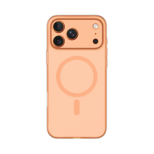 Transparent orange TecHub MOMAX CaseFORM Lite magnetic case for iPhone 17 Pro Max, showing the slim design and magnetic edges.