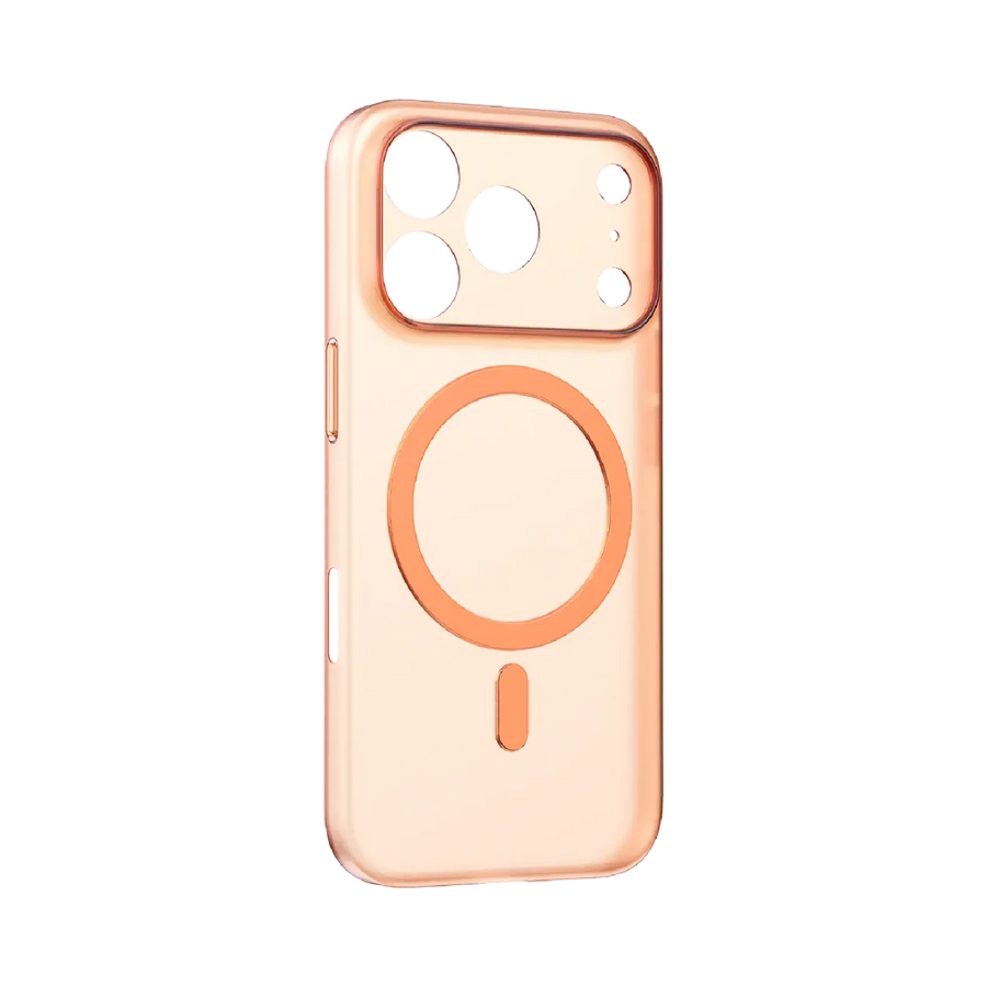 TecHub MOMAX CaseFORM Lite magnetic case for iPhone 17 Pro in transparent orange, showing slim design and magnetic features.