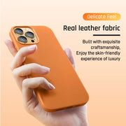 Orange OKOZ premium leather shockproof case for iPhone 15 Pro with MagSafe compatibility, featuring durable construction and stylish design.