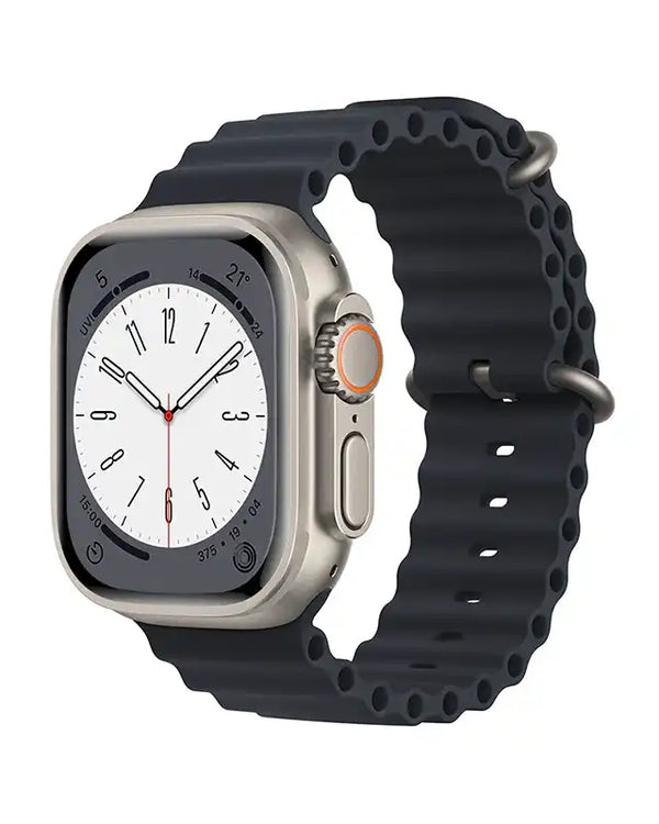 Midnight Alpine silicone wavy strap for Apple Watch 42mm to 49mm, showing the ocean-inspired design and flexible fit.