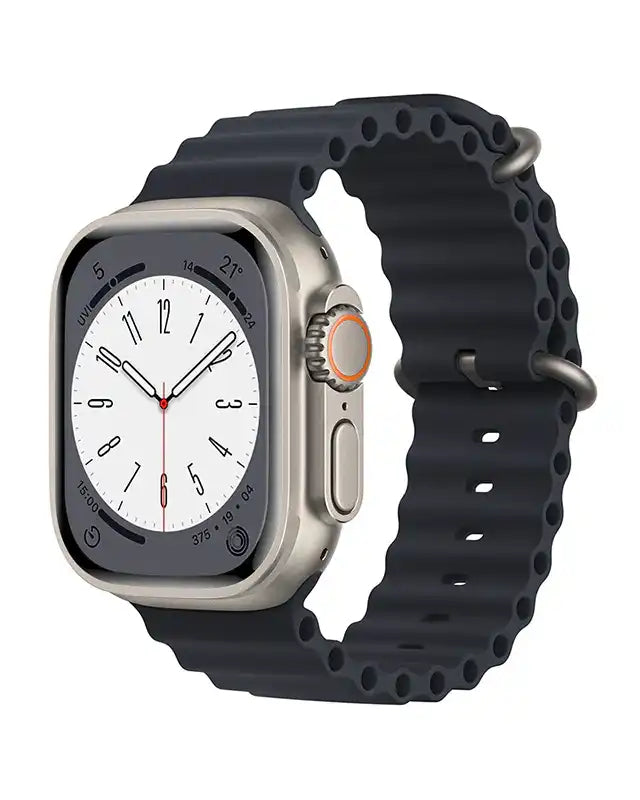 Midnight Alpine silicone wavy strap for Apple Watch 42mm to 49mm, showing the ocean-inspired design and flexible fit.